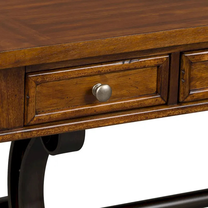 Bureau industriel avec piètement en arche en fonte, plateau plaqué acacia et 3 tiroirs marron