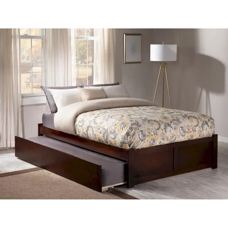 Lit plateforme King avec pied de lit à panneau, lit gigogne Twin XL et lattes en bois Noyer