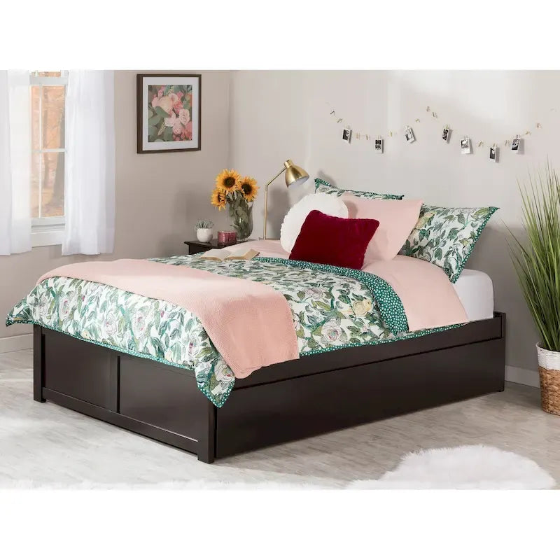 Lit plateforme King avec pied de lit à panneau, lit gigogne Twin XL et lattes en bois Noyer