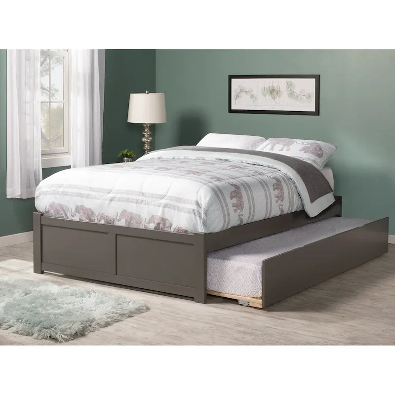 Lit plateforme King avec pied de lit à panneau, lit gigogne Twin XL et lattes en bois Noyer