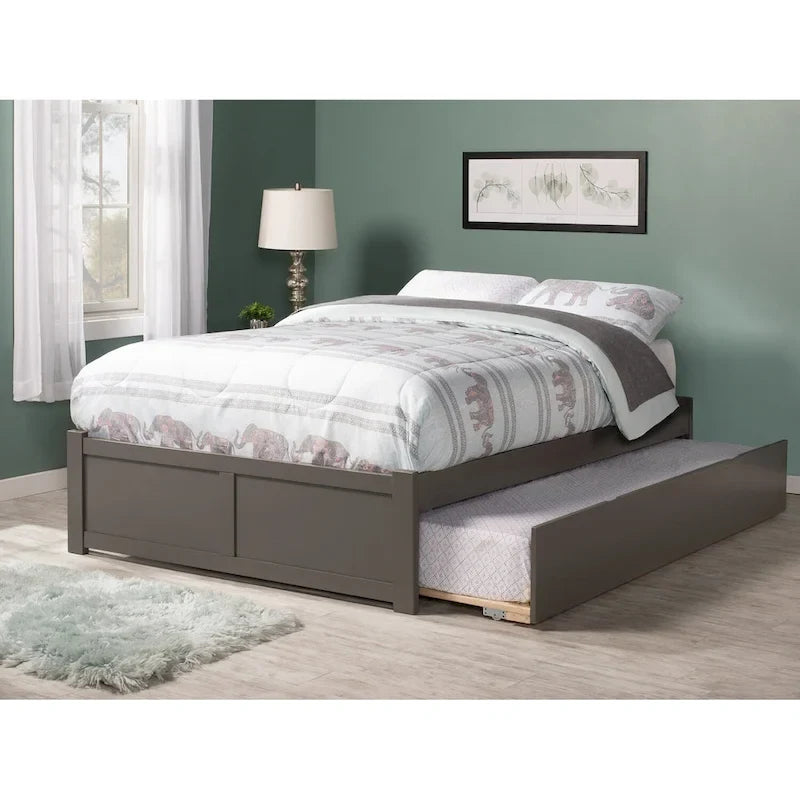 Lit plateforme King avec pied de lit à panneau, lit gigogne Twin XL et lattes en bois Noyer