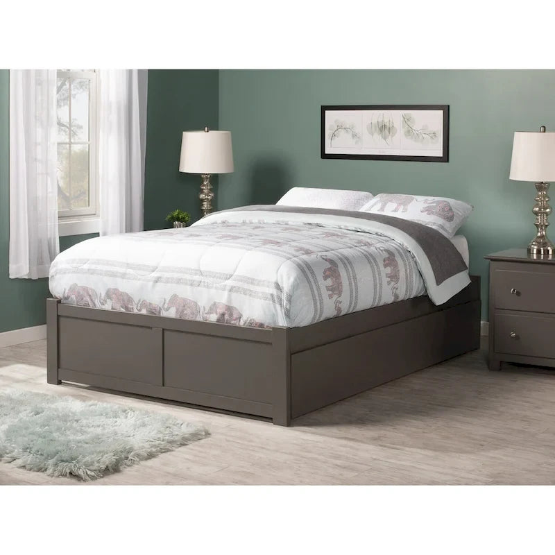 Lit plateforme King avec pied de lit à panneau, lit gigogne Twin XL et lattes en bois Noyer