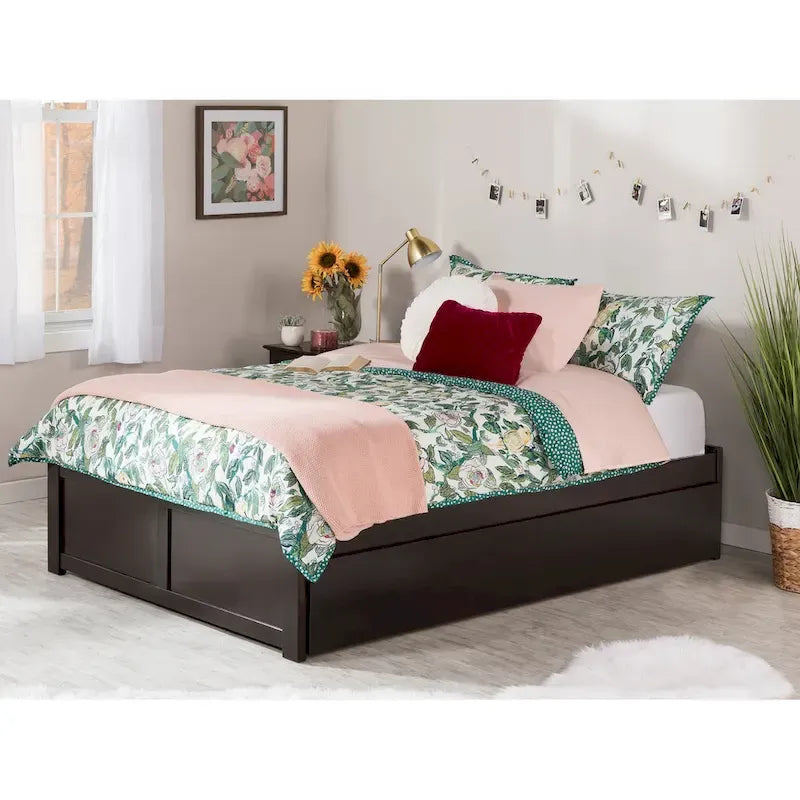 Lit plateforme King avec pied de lit à panneau, lit gigogne Twin XL et lattes en bois Noyer
