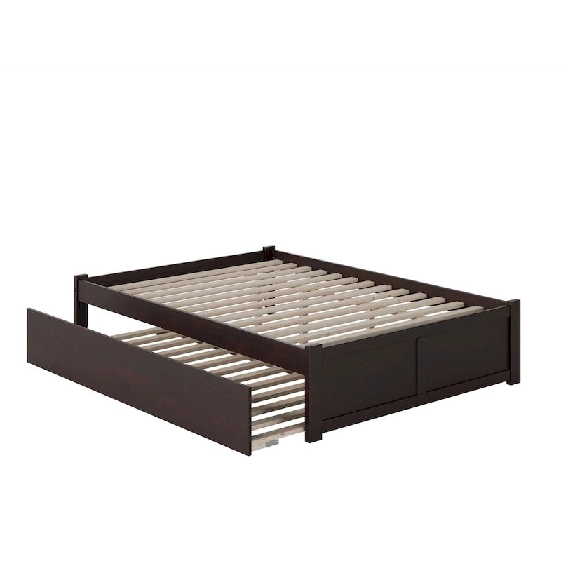 Lit plateforme King avec pied de lit à panneau, lit gigogne Twin XL et lattes en bois Noyer