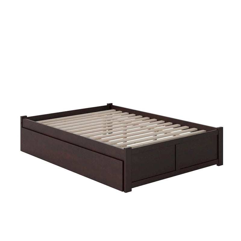 Lit plateforme King avec pied de lit à panneau, lit gigogne Twin XL et lattes en bois Noyer