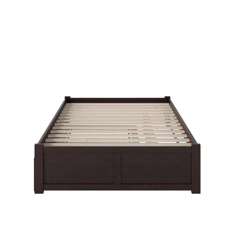 Lit plateforme King avec pied de lit à panneau, lit gigogne Twin XL et lattes en bois Noyer