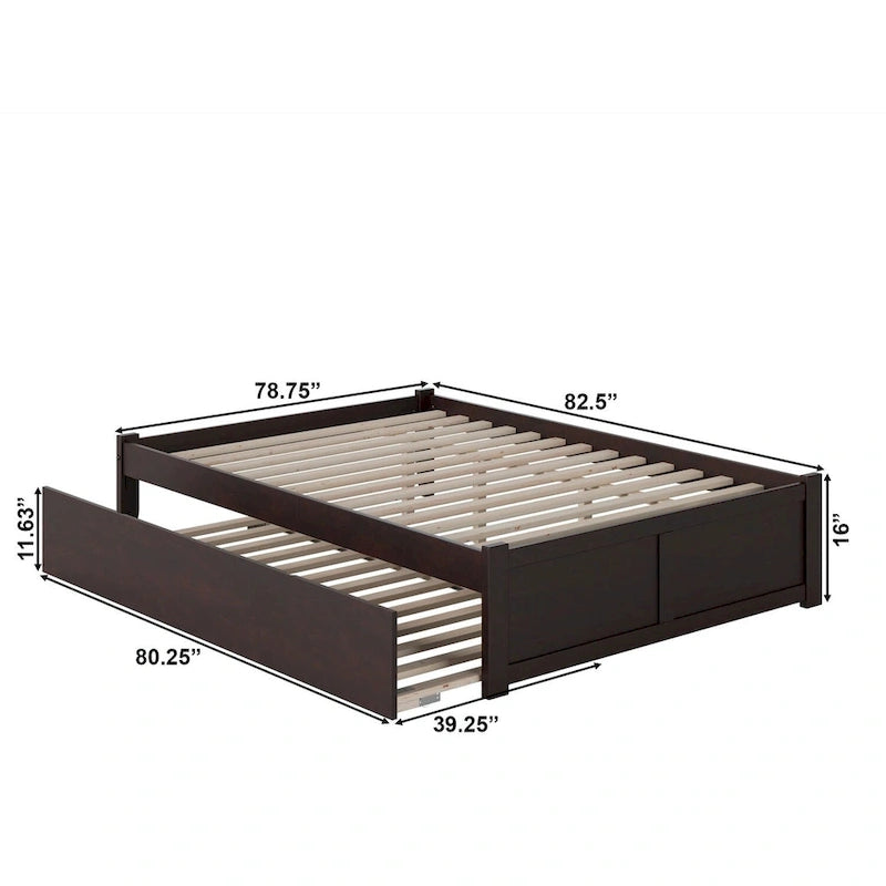 Lit plateforme King avec pied de lit à panneau, lit gigogne Twin XL et lattes en bois Noyer