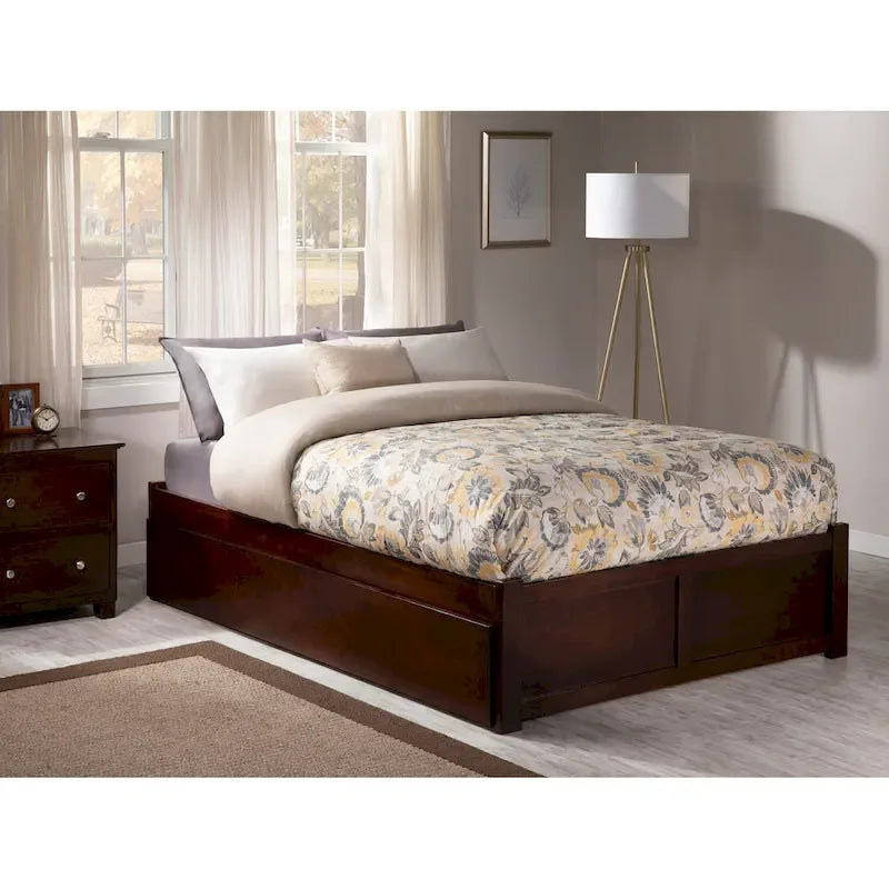 Lit plateforme King avec pied de lit à panneau, lit gigogne Twin XL et lattes en bois Noyer