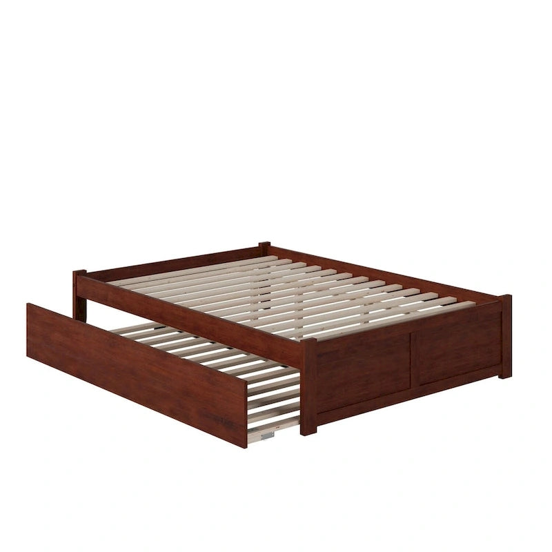 Lit plateforme King avec pied de lit à panneau, lit gigogne Twin XL et lattes en bois Noyer