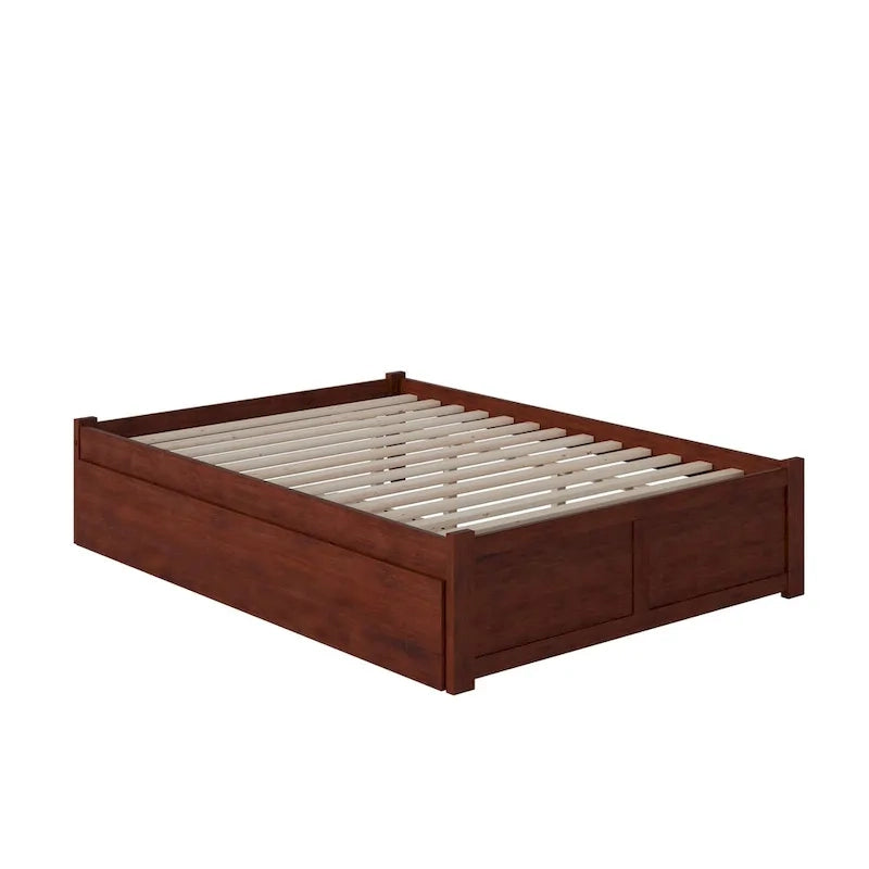Lit plateforme King avec pied de lit à panneau, lit gigogne Twin XL et lattes en bois Noyer