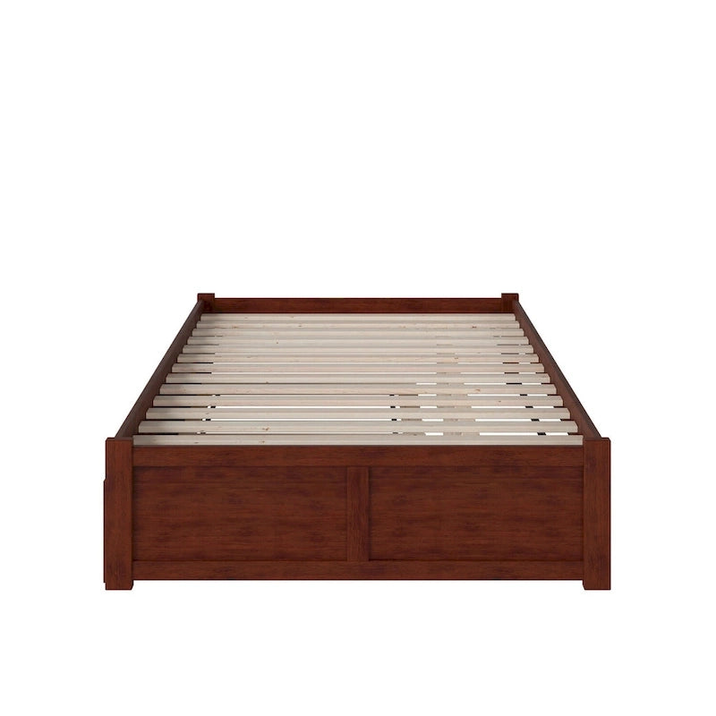 Lit plateforme King avec pied de lit à panneau, lit gigogne Twin XL et lattes en bois Noyer
