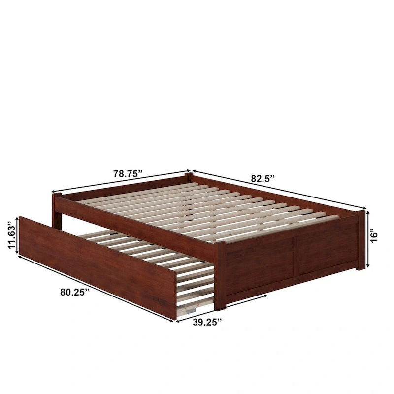 Lit plateforme King avec pied de lit à panneau, lit gigogne Twin XL et lattes en bois Noyer
