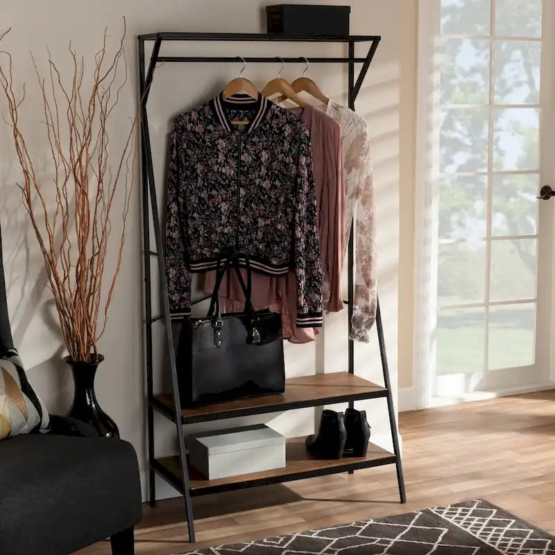 Portant à vêtements industriel ouvert avec tringle et étagères en bois à 3 niveaux Noir Marron