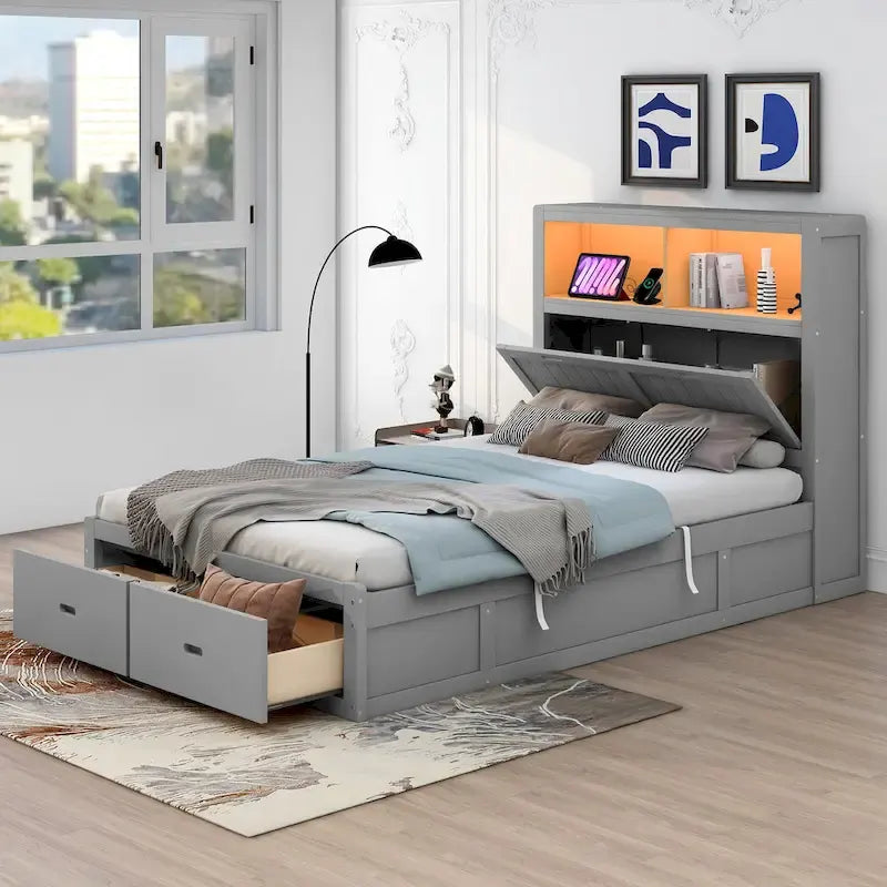 Lit double hydraulique avec espace de rangement, tête de lit à LED avec station de recharge et 2 tiroirs, gris