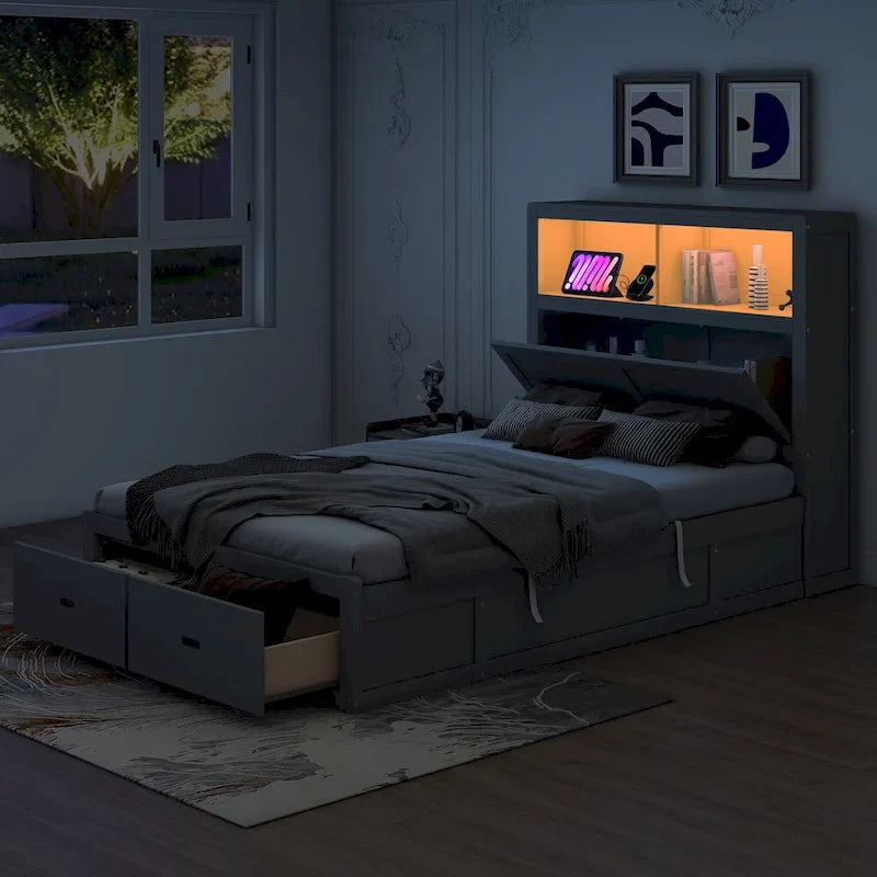 Lit double hydraulique avec espace de rangement, tête de lit à LED avec station de recharge et 2 tiroirs, gris