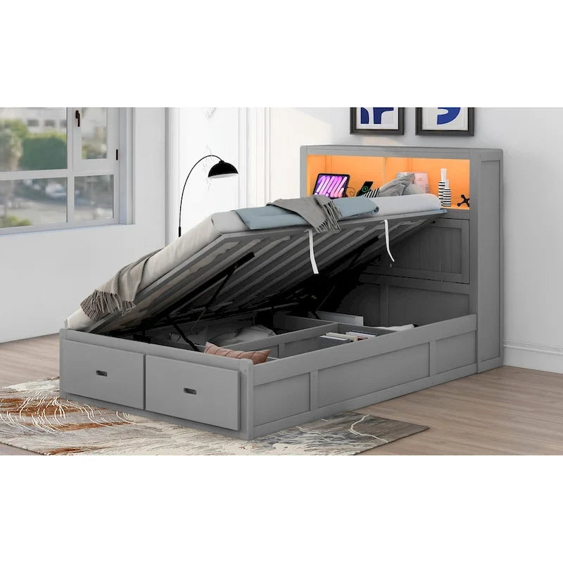 Lit double hydraulique avec espace de rangement, tête de lit à LED avec station de recharge et 2 tiroirs, gris