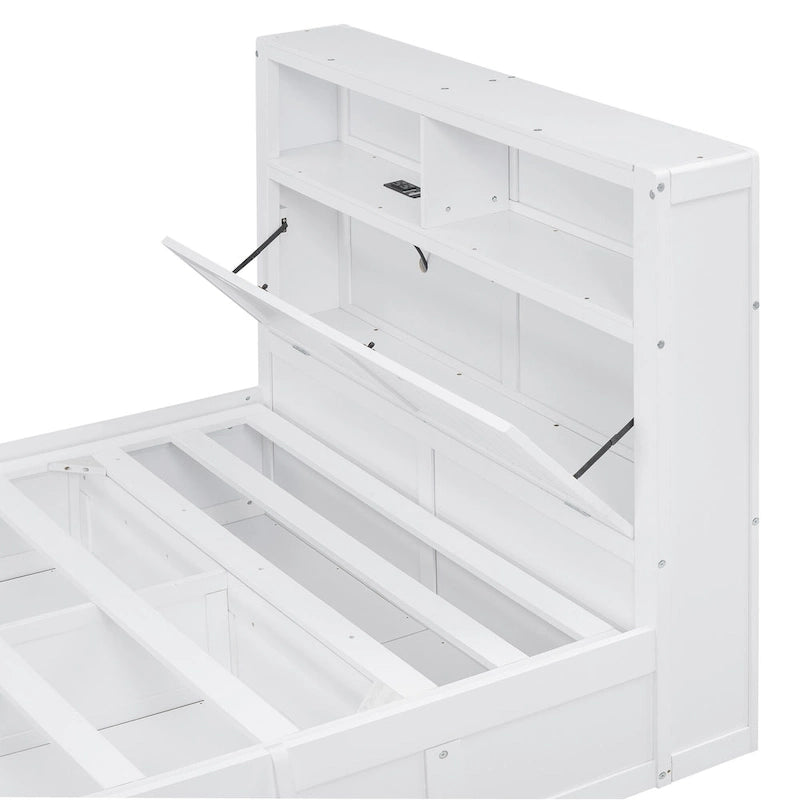 Lit double hydraulique avec espace de rangement, tête de lit à LED avec station de recharge et 2 tiroirs, gris