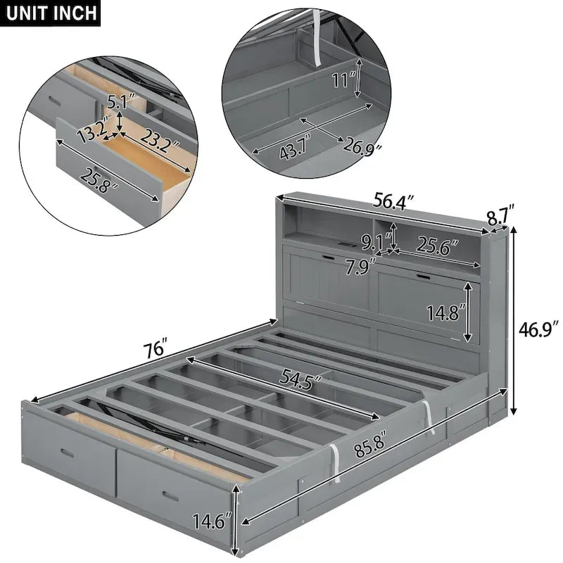 Lit double hydraulique avec espace de rangement, tête de lit à LED avec station de recharge et 2 tiroirs, gris
