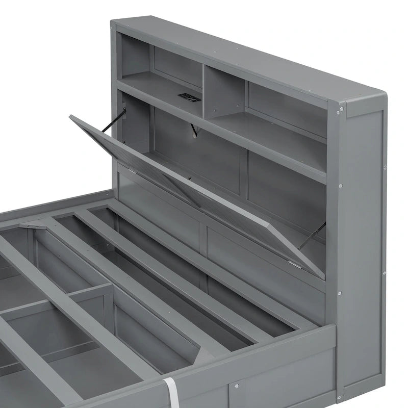 Lit double hydraulique avec espace de rangement, tête de lit à LED avec station de recharge et 2 tiroirs, gris