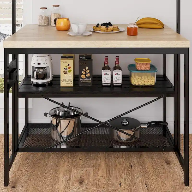 Table îlot de cuisine avec étagères à 3 niveaux, crochets supérieurs et prises de courant, couleur naturelle