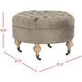 Pouf rond en lin capitonné avec pieds en bois tournés et roulettes, coloris champignon