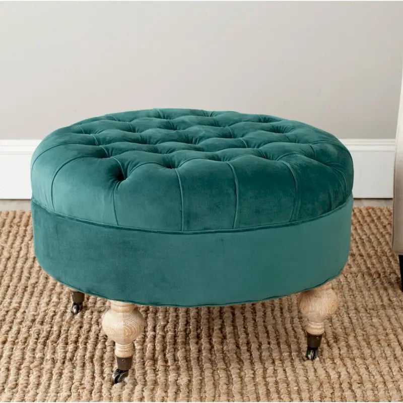 Pouf rond en lin capitonné avec pieds en bois tournés et roulettes, coloris champignon