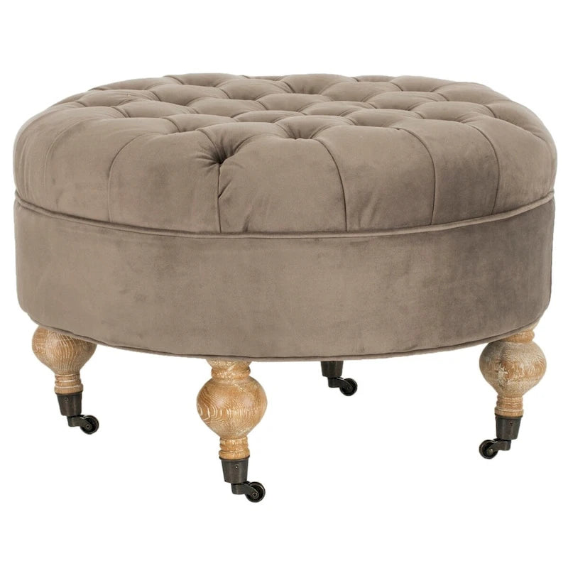 Pouf rond en lin capitonné avec pieds en bois tournés et roulettes, coloris champignon