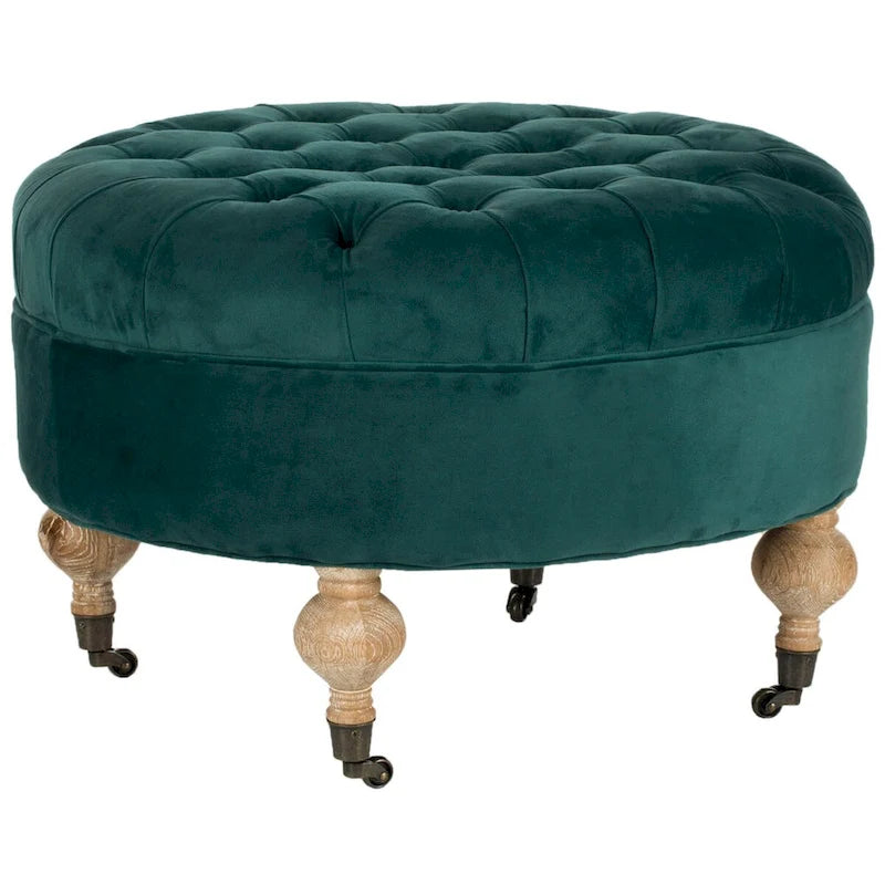 Pouf rond en lin capitonné avec pieds en bois tournés et roulettes, coloris champignon