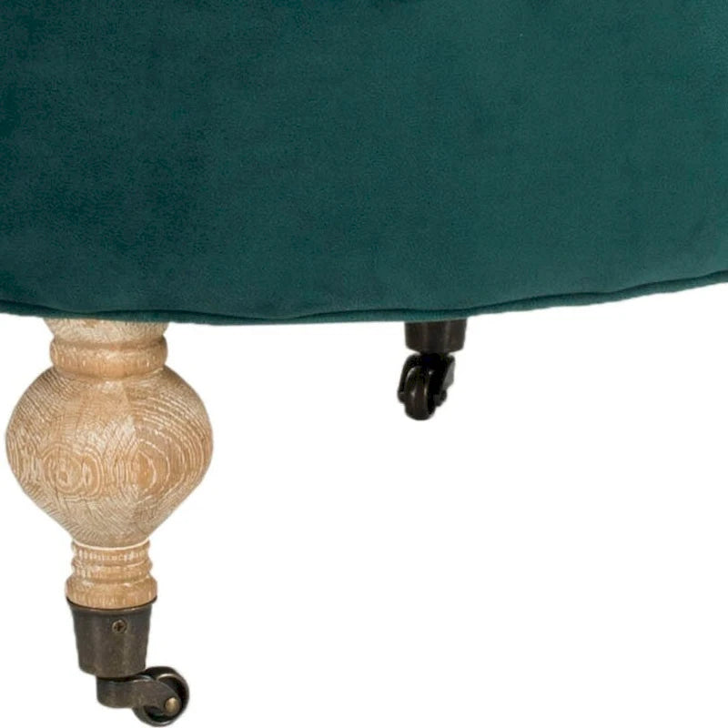 Pouf rond en lin capitonné avec pieds en bois tournés et roulettes, coloris champignon
