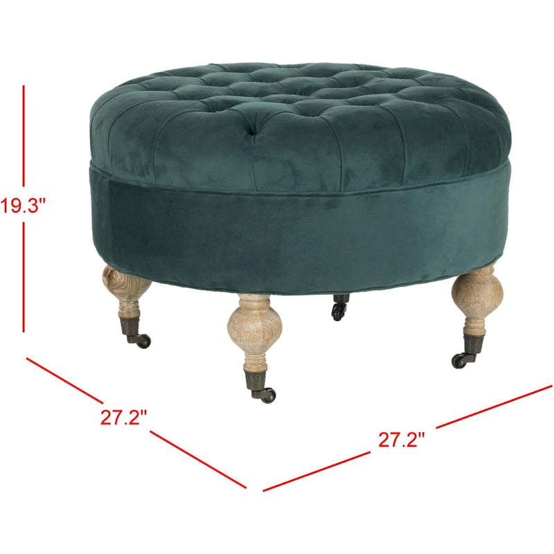 Pouf rond en lin capitonné avec pieds en bois tournés et roulettes, coloris champignon