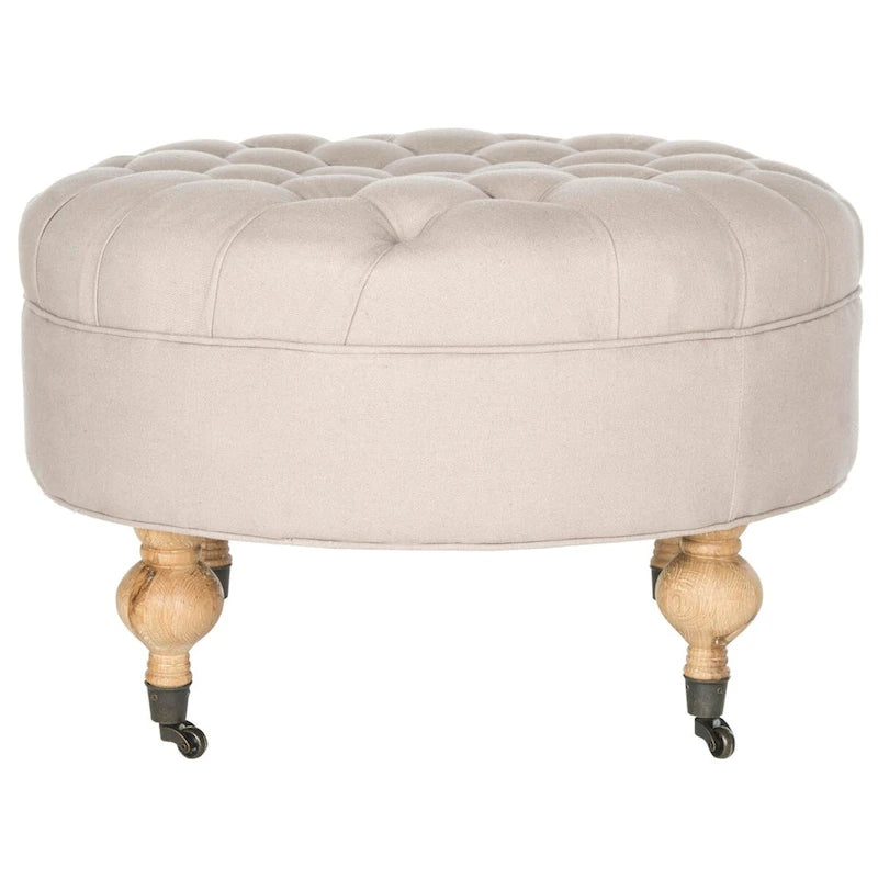 Pouf rond en lin capitonné avec pieds en bois tournés et roulettes, coloris champignon