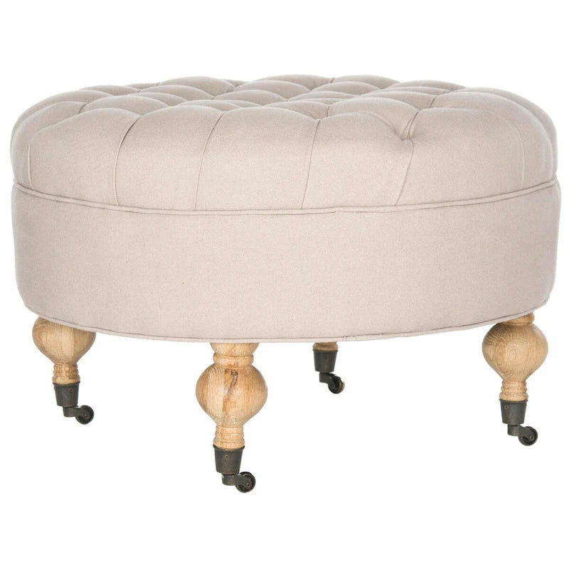 Pouf rond en lin capitonné avec pieds en bois tournés et roulettes, coloris champignon