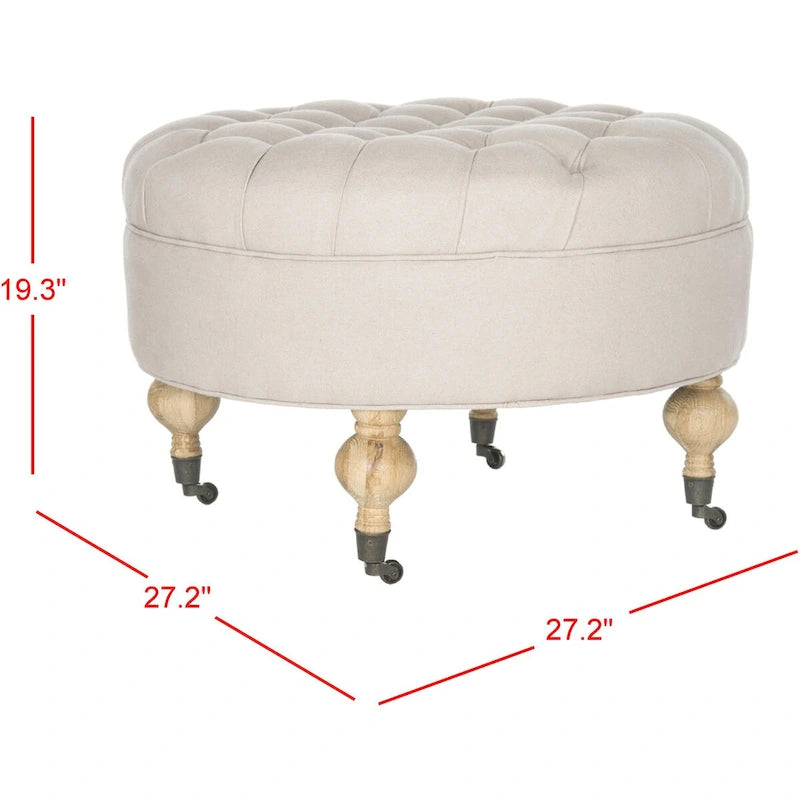 Pouf rond en lin capitonné avec pieds en bois tournés et roulettes, coloris champignon