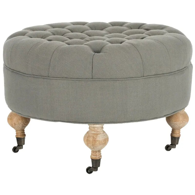 Pouf rond en lin capitonné avec pieds en bois tournés et roulettes, coloris champignon