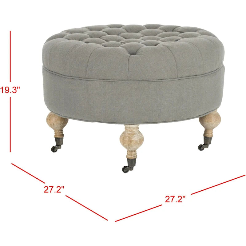 Pouf rond en lin capitonné avec pieds en bois tournés et roulettes, coloris champignon