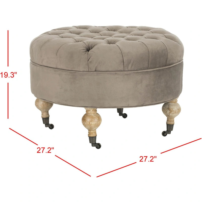 Pouf rond en lin capitonné avec pieds en bois tournés et roulettes, coloris champignon