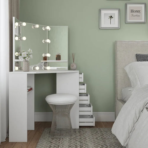 Coiffeuse d'angle avec miroir à 3 panneaux, lumières LED Hollywood, 5 tiroirs, blanche