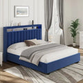 Lit de rangement Queen Size avec vérin à gaz, tête de lit en lin touffeté et cannelé, éclairage LED et prises de charge, gris