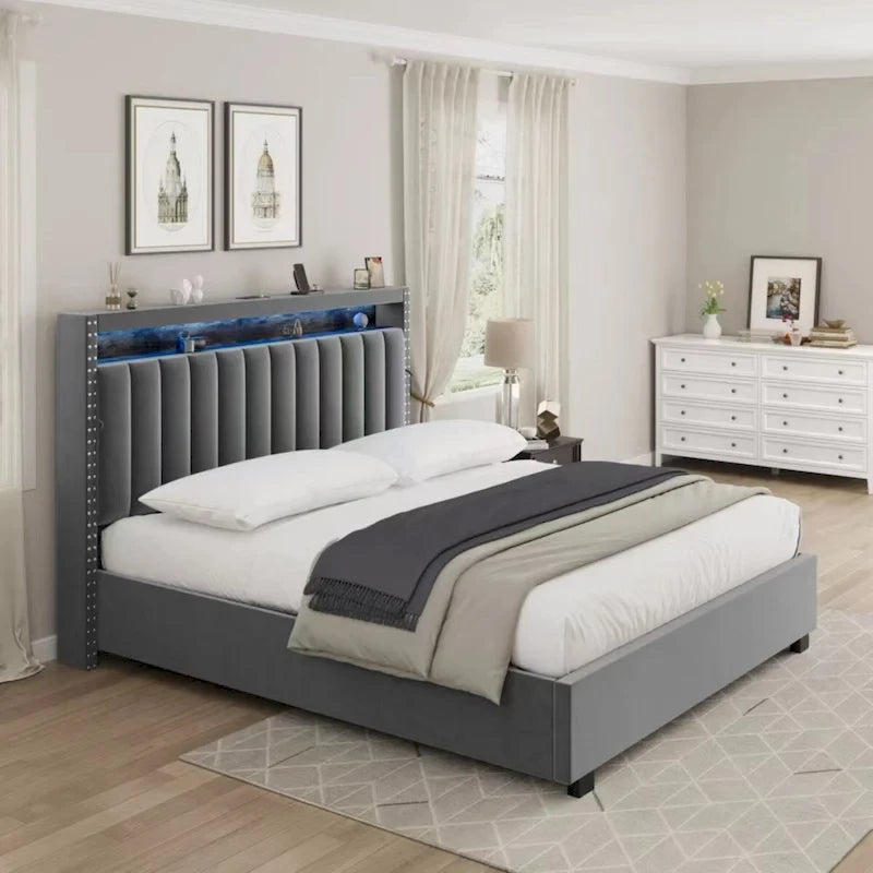 Lit de rangement Queen Size avec vérin à gaz, tête de lit en lin touffeté et cannelé, éclairage LED et prises de charge, gris