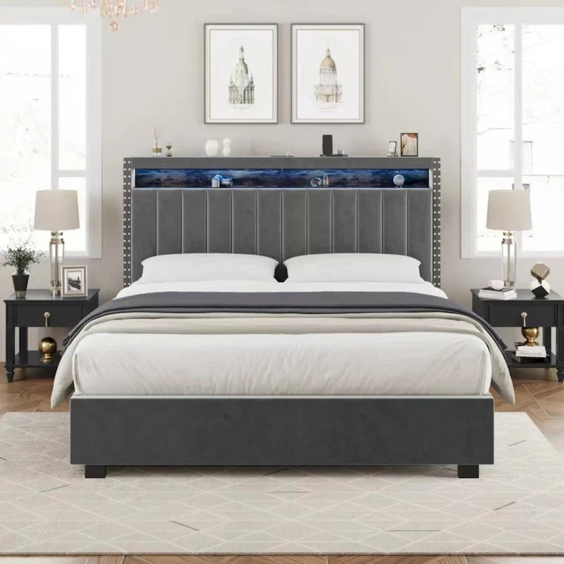Lit de rangement Queen Size avec vérin à gaz, tête de lit en lin touffeté et cannelé, éclairage LED et prises de charge, gris