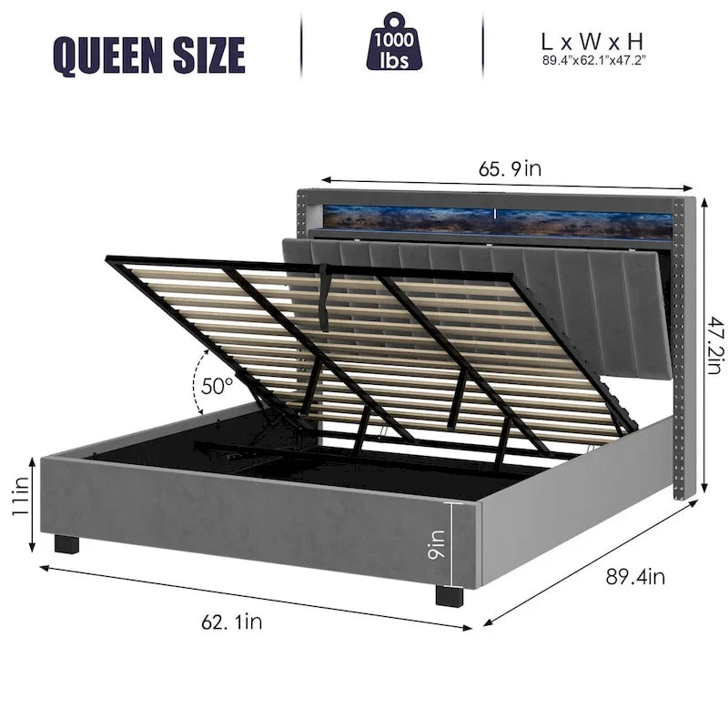 Lit de rangement Queen Size avec vérin à gaz, tête de lit en lin touffeté et cannelé, éclairage LED et prises de charge, gris