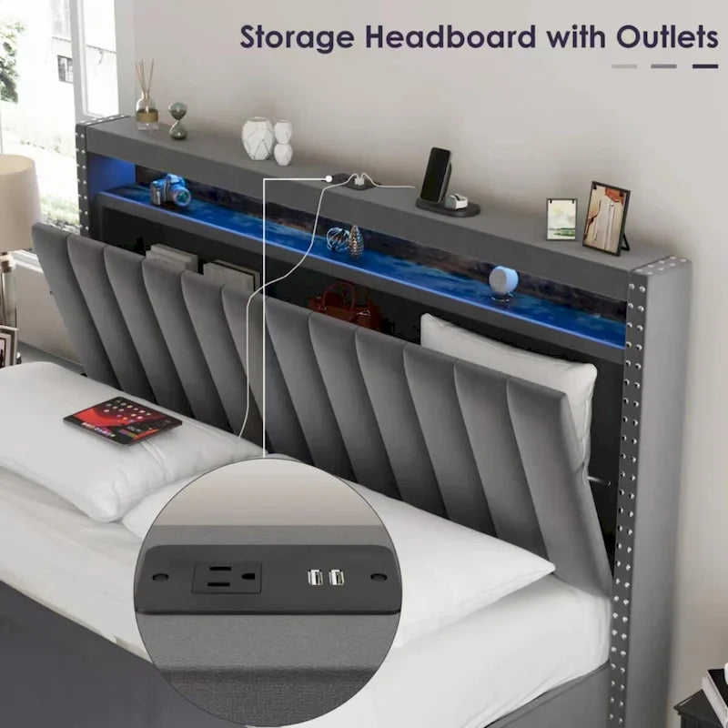 Lit de rangement Queen Size avec vérin à gaz, tête de lit en lin touffeté et cannelé, éclairage LED et prises de charge, gris