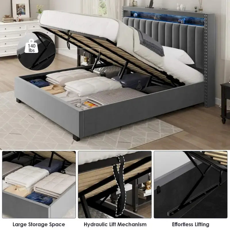 Lit de rangement Queen Size avec vérin à gaz, tête de lit en lin touffeté et cannelé, éclairage LED et prises de charge, gris