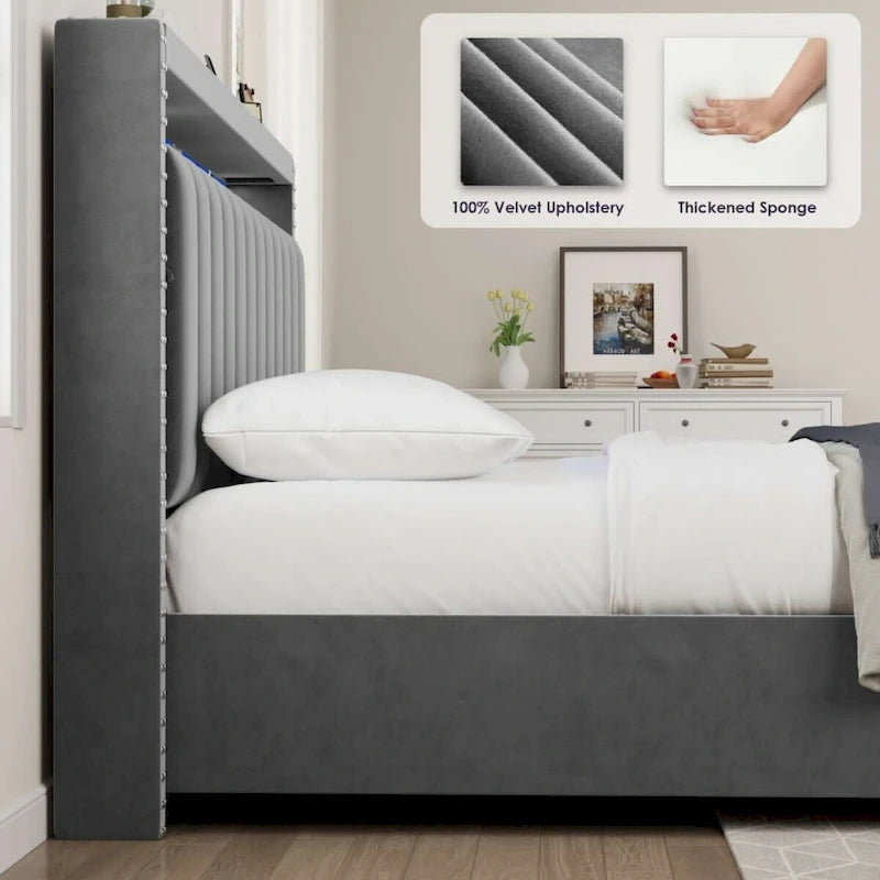 Lit de rangement Queen Size avec vérin à gaz, tête de lit en lin touffeté et cannelé, éclairage LED et prises de charge, gris