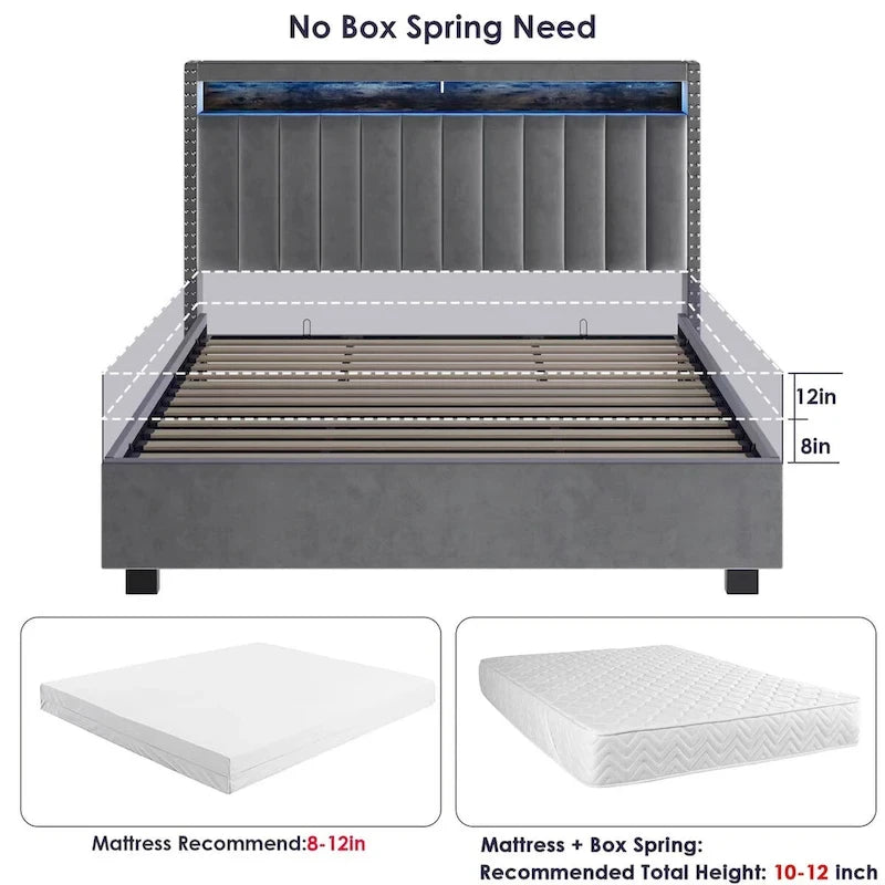 Lit de rangement Queen Size avec vérin à gaz, tête de lit en lin touffeté et cannelé, éclairage LED et prises de charge, gris