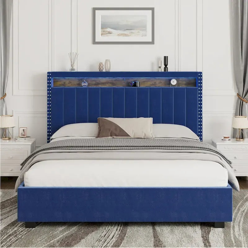 Lit de rangement Queen Size avec vérin à gaz, tête de lit en lin touffeté et cannelé, éclairage LED et prises de charge, gris
