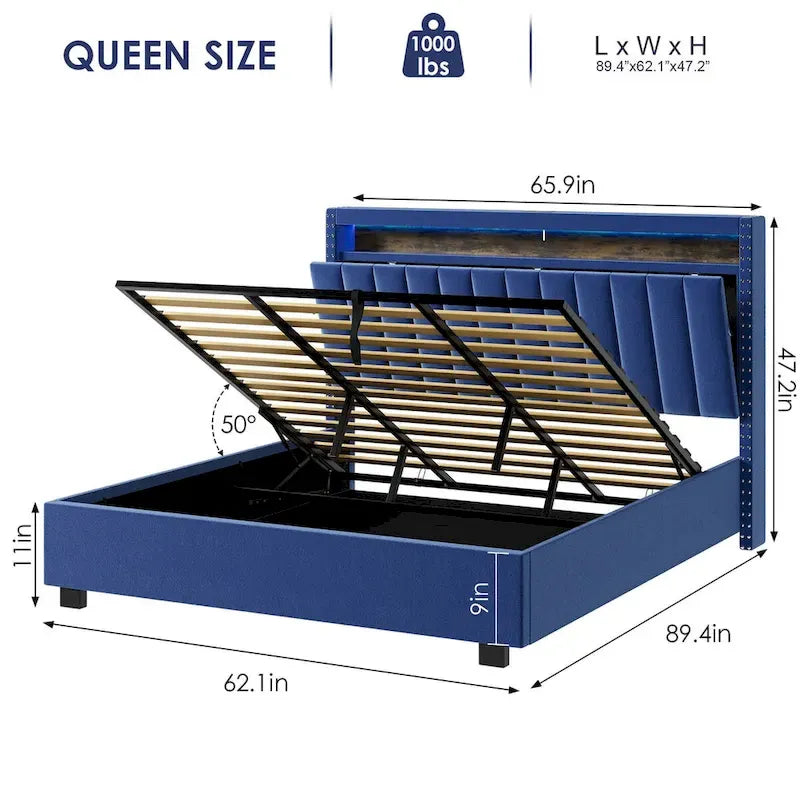 Lit de rangement Queen Size avec vérin à gaz, tête de lit en lin touffeté et cannelé, éclairage LED et prises de charge, gris