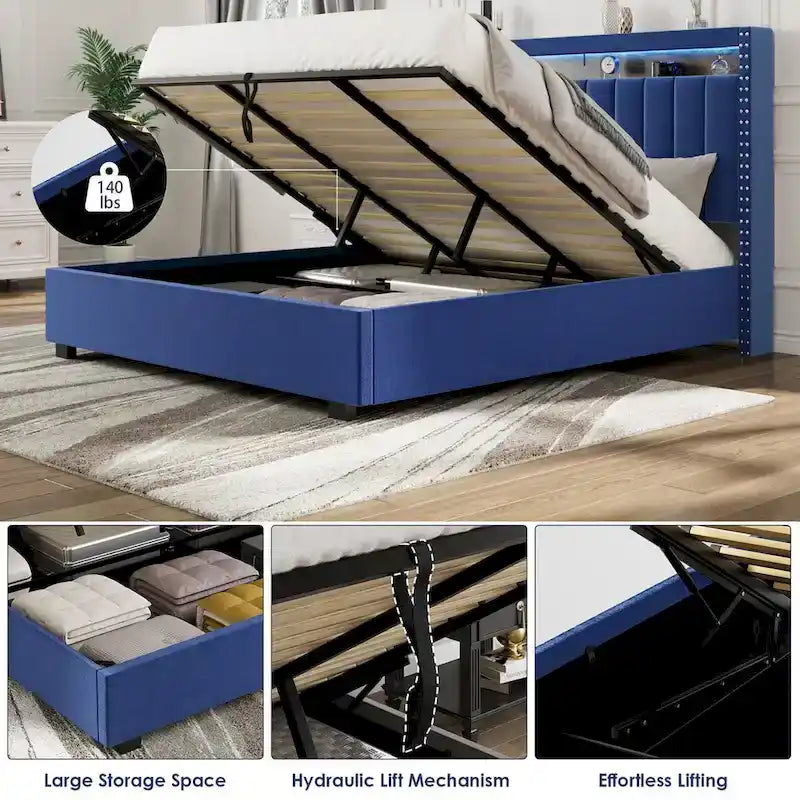 Lit de rangement Queen Size avec vérin à gaz, tête de lit en lin touffeté et cannelé, éclairage LED et prises de charge, gris