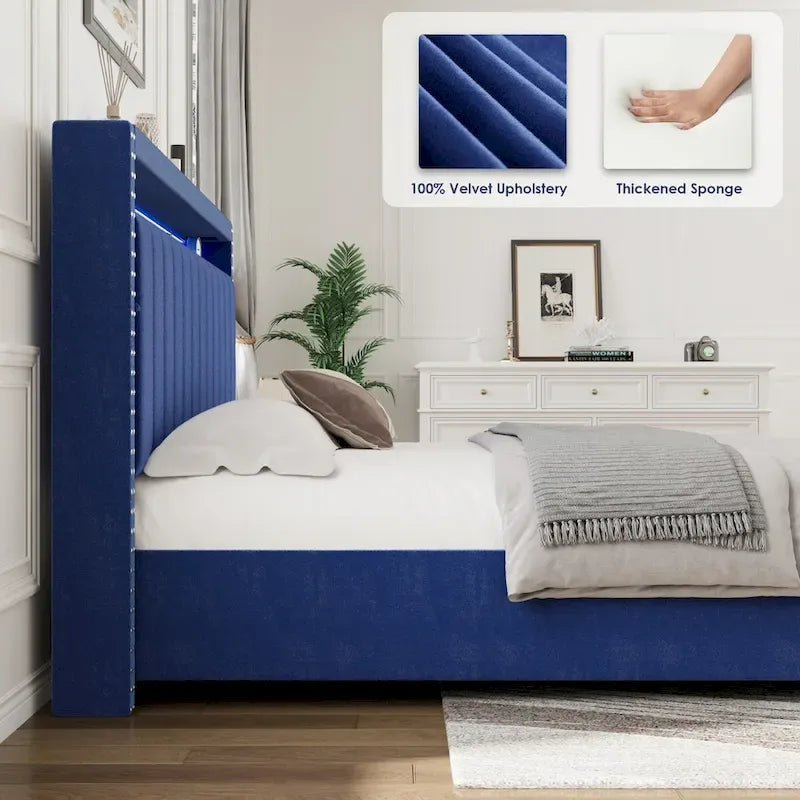Lit de rangement Queen Size avec vérin à gaz, tête de lit en lin touffeté et cannelé, éclairage LED et prises de charge, gris