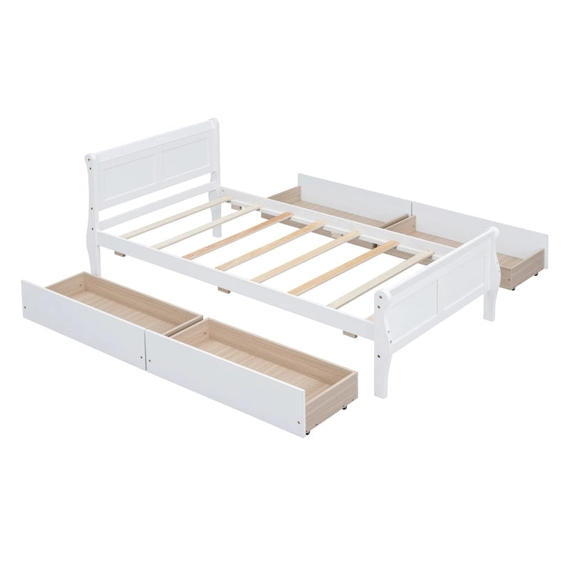 Lit plateforme une place en pin massif avec tête et pied de lit luge courbés et 4 tiroirs de rangement sous le lit, finition expresso
